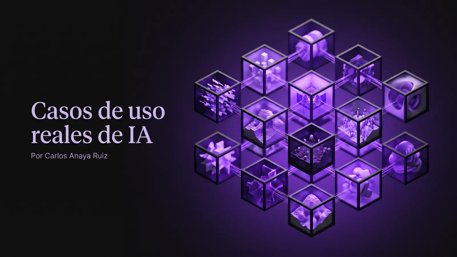 15 casos de uso reales de IA en empresas de servicios — una cuadrícula isométrica de quince módulos cúbicos flotantes en el aire, cada uno conteniendo una micro-escena geométrica abstracta distinta iluminada en violeta eléctrico, conectados entre sí por finos hilos de luz