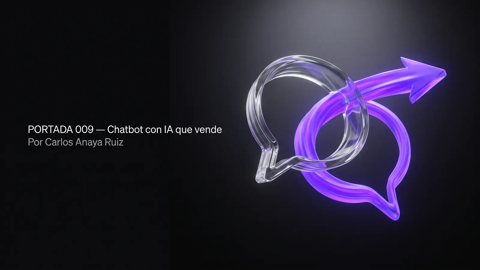 Dos burbujas de conversación abstractas y geométricas, una de vidrio traslúcido y otra de luz violeta eléctrico sólida, entrelazándose en el aire en un flujo continuo que termina transformado en una forma de flecha direccional