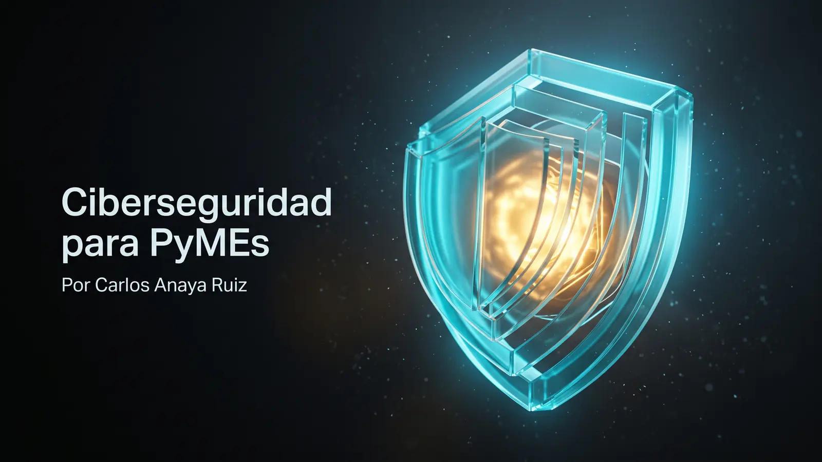 Un escudo geométrico facetado hecho de placas de vidrio cian traslúcido, ensamblándose capa por capa alrededor de un núcleo de luz cálida que representa el negocio