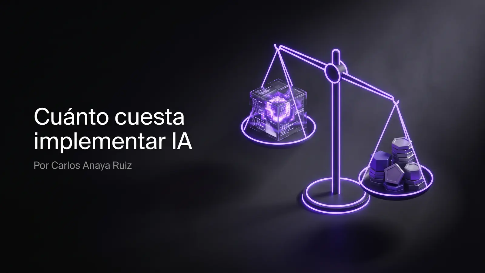 Una balanza de precisión abstracta hecha de líneas de neón violeta eléctrico, con un platillo sosteniendo un cubo de datos luminoso y el otro sosteniendo monedas geométricas apiladas, en equilibrio tenso