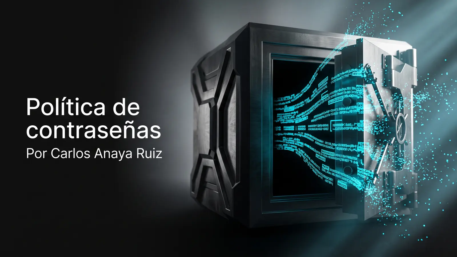Una bóveda de acero oscuro entreabierta, de cuyo interior escapan cadenas de caracteres abstractos convertidos en partículas de luz cian que se disuelven en el aire al alejarse