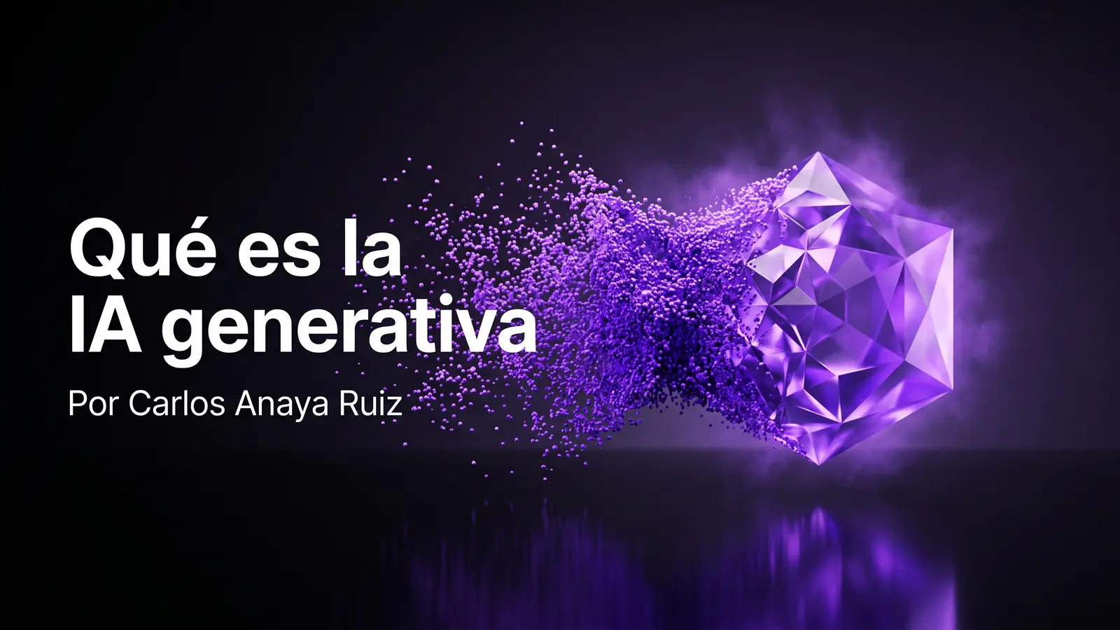 Qué es la inteligencia artificial generativa y cómo usarla en tu empresa — una nube de partículas violeta eléctrico organizándose desde el caos hacia una forma cristalina perfectamente geométrica, flotando sobre un plano negro infinito reflejante