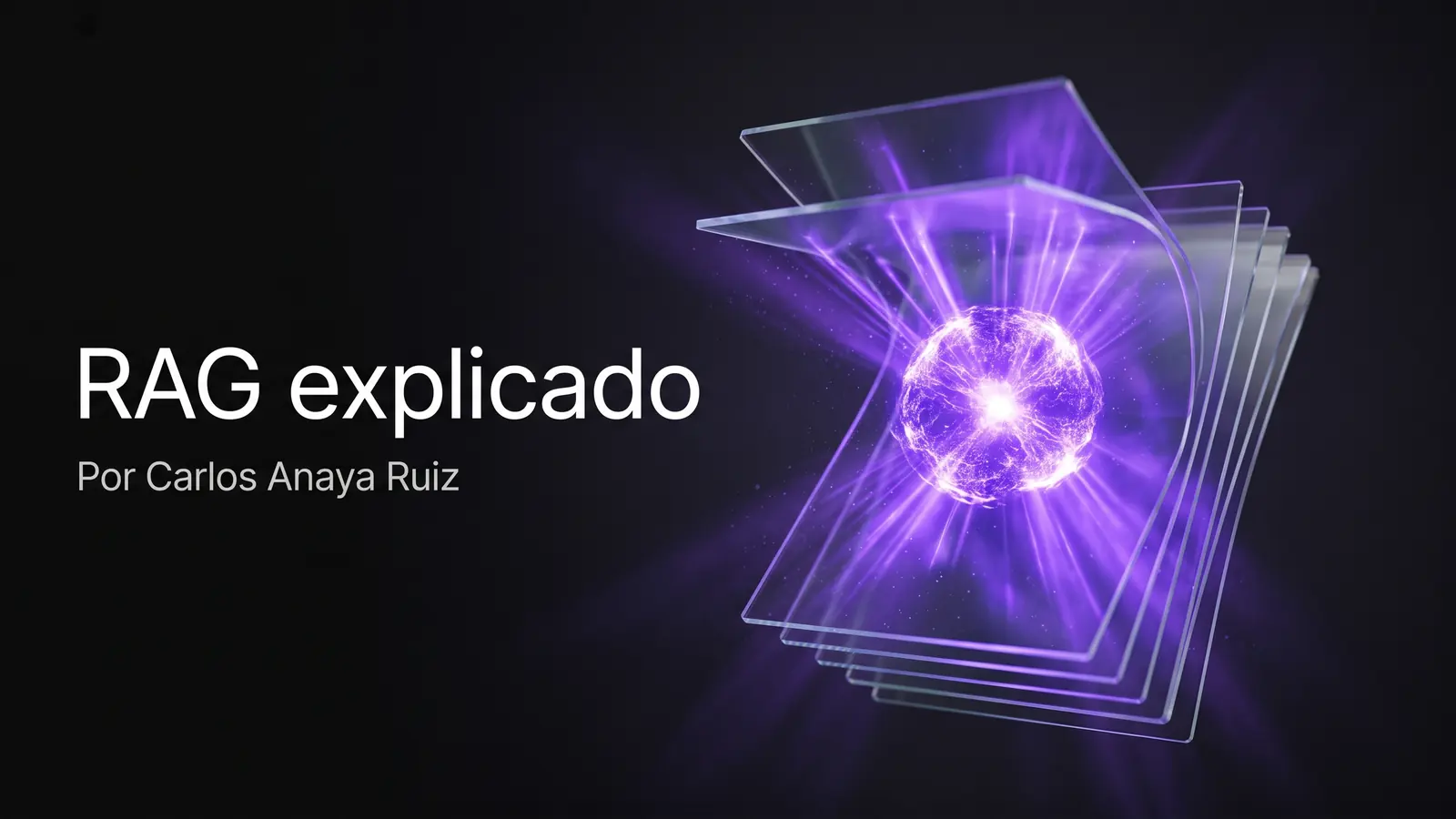 Un archivo de documentos flotantes representados como láminas de vidrio traslúcido apiladas en el aire, de las que salen haces de luz violeta eléctrico convergiendo en una esfera de energía densa en el centro-derecha del encuadre