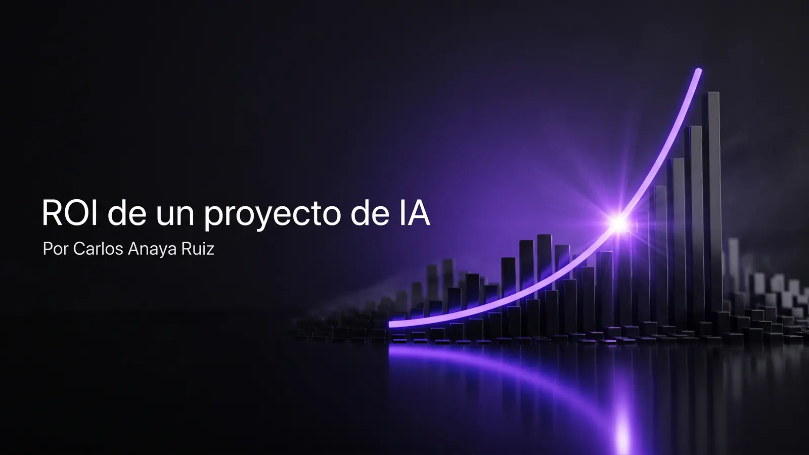 Una curva ascendente hecha de luz violeta eléctrico sólida elevándose sobre un terreno de datos abstracto compuesto por barras verticales oscuras de distintas alturas, con el punto de inflexión de la curva brillando con intensidad